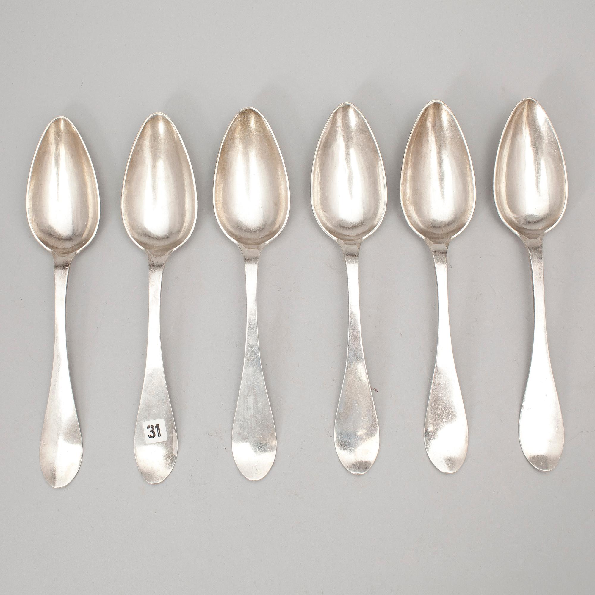 MATSKEDAR, 6 st, silver, Carl Gustaf Åberg, Arboga, 1857. Vikt ca 372 gram.