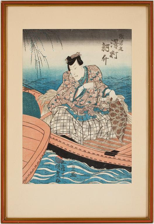 UTAGAWA KUNISADA, träsnitt, 2 st, samt OKÄND KONSTNÄR, träsnitt.