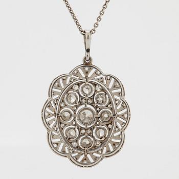 A platinum pendant set with old- and rose-cut diamonds.