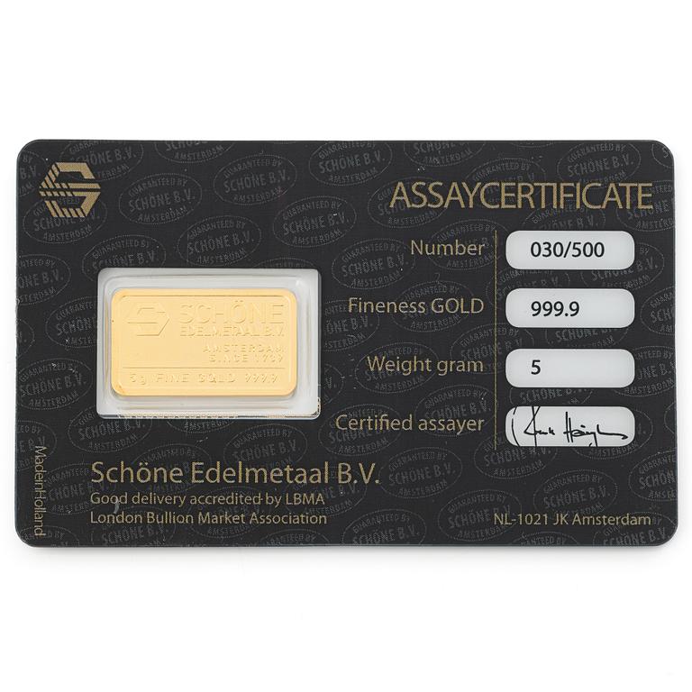 Gold bar, 999.9, “Drottningsholm”, Schöne Edelmetaal.