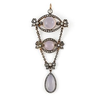 488A. A Fabergé jewelled chalcedony and silver-topped gold brooch/pendant, August Hollming St Petersburg 1899 - 1908.