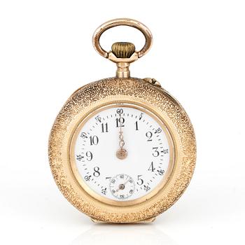 FICKUR OCH FICKURSSTÄLL, 18 k guld, omkring 1900. Tot vikt ca 34,6 gram.