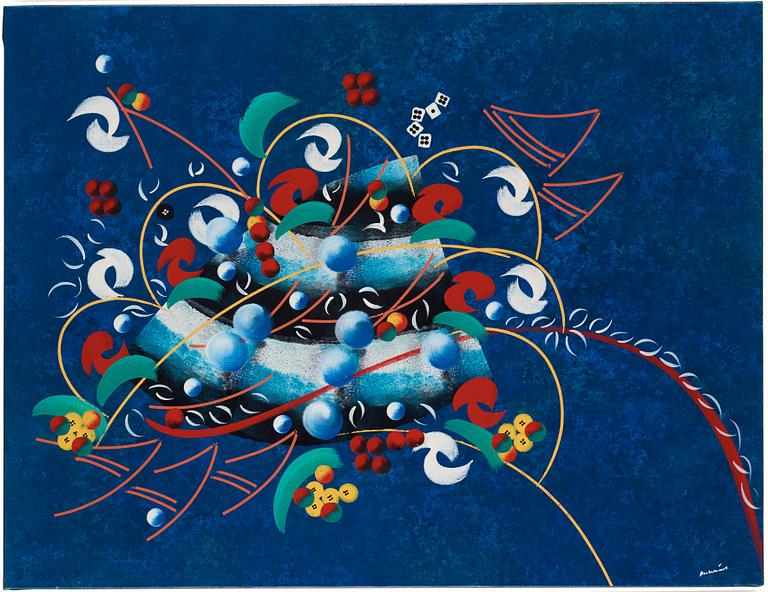 Carl Fredrik Reuterswärd, "Flying game on dark-blue".