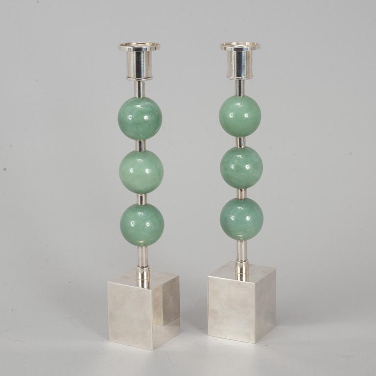 SIGURD PERSSON, a pair of silver plate and aventurine candlesticks from Svenskt tenn.