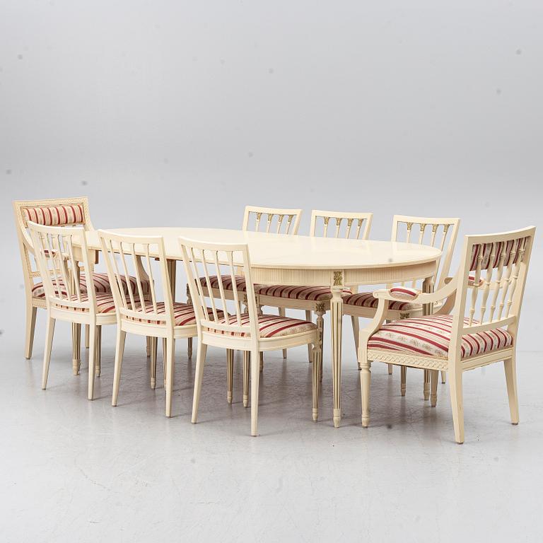 A dining group, 9 pieces, Gustavian style, second half of the 20th century.
