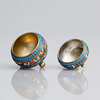 Two Russian spice/salt-cellars, parcel-gilt silver and enamel, mark of Ivan Saltykov and Ivan Sergeyevich Lebedkin.