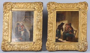 OKÄND KONSTNÄR, 2 st, kopior i A. van Ostades art, olja på pannå, 1800-tal.