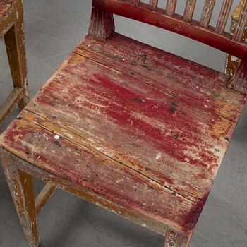 Five painted pine chairs, 19th Century.