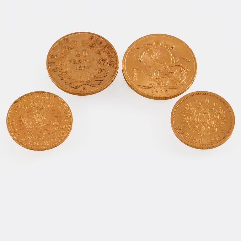 GULDMYNT, 4 st, Frankrike, Storbritannien, Österrike samt Ryssland, ca 22 gram.