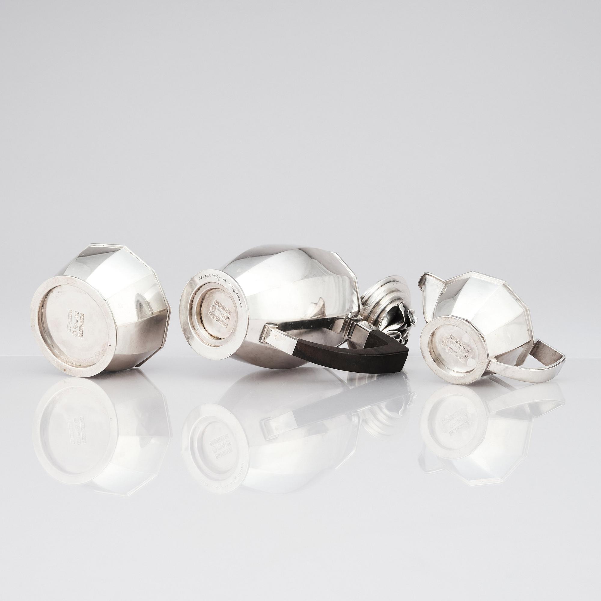 Atelier Borgila, kaffeservis, tre delar, Stockholm, 1947, gesällprov av K-E Löfman, sterling silver.