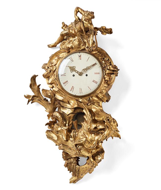 A Louis XV mid 18th century gilt bronze wall clock marked "Caffieri fecit".