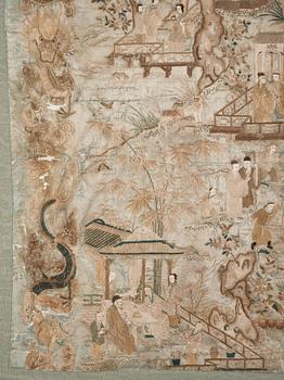 A large embroidered silk panel, Qing dynasty, circa 1800.