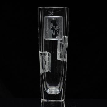 Tapio Wirkkala, a rare engraved "Finestra" glass vase, Iittala, Finland, 1947, model 3220, engraved by Theodor Käppi.