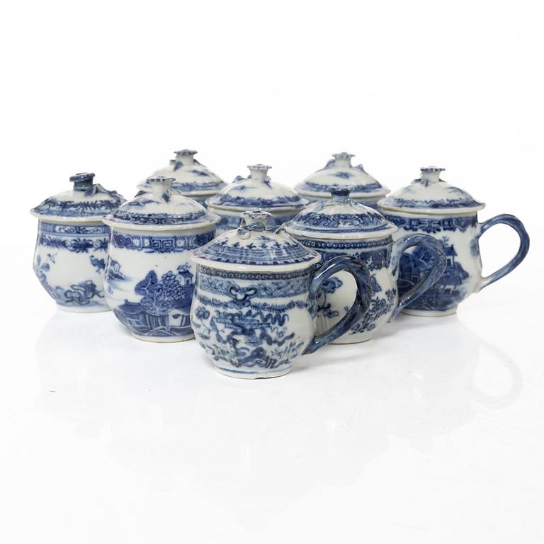 A group of eight Chinese blue and white porcelain custard cups with covers, Qing dynasty, Qianlong (1736-95).