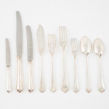 A silver flatwear set, 65 + 19 pieces, two similar models, including Garmany and Swedish import marks.