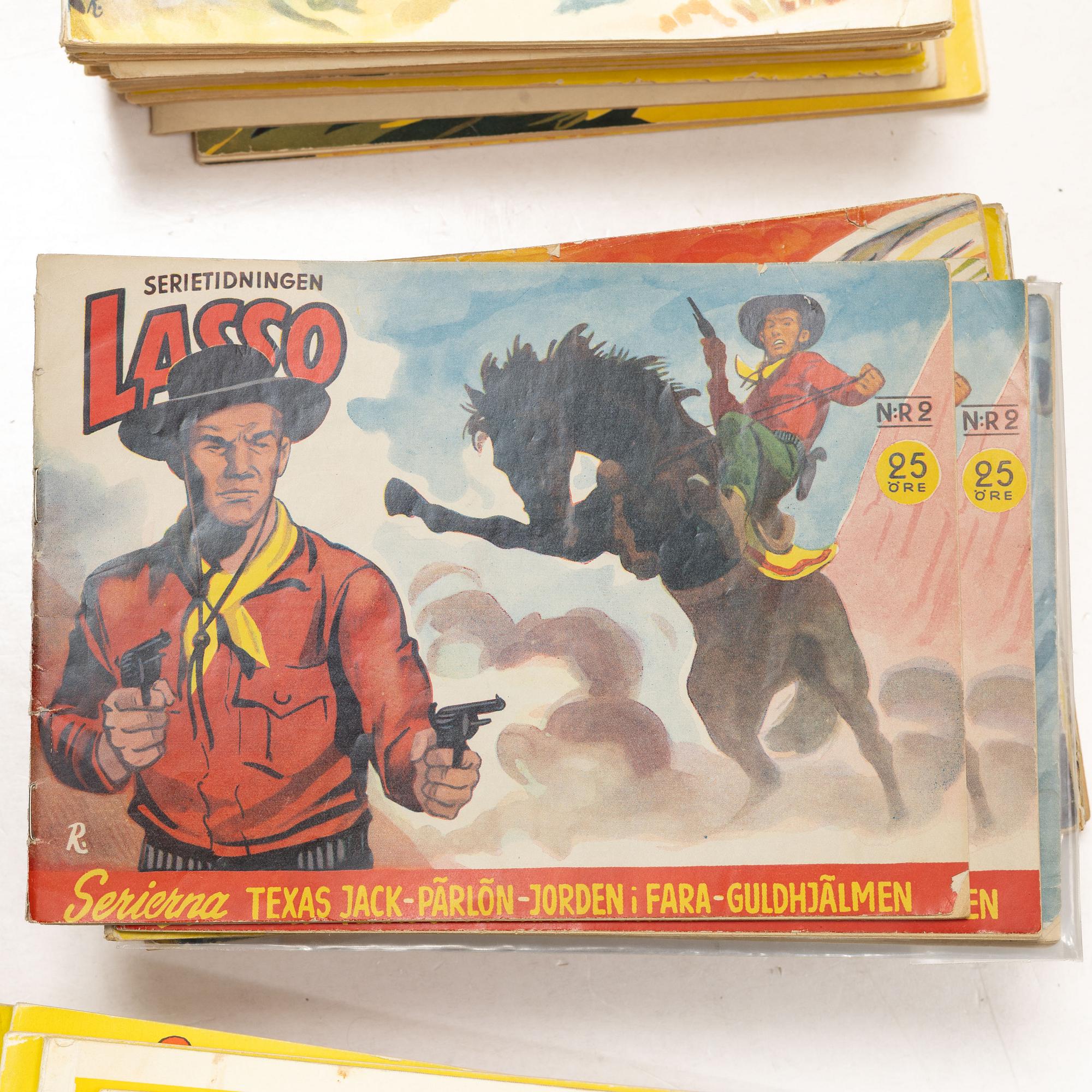 Comic books and fairy tales, a collection including "Lasso", "Biffen & Bananen" and Alga's children's books.