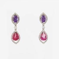 Earrings, 18K white gold with amethysts, pink tourmalines, and brilliant-cut diamonds.