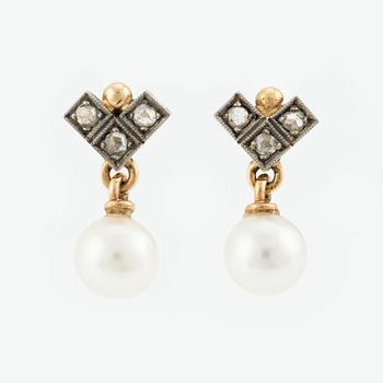 Earrings, a pair, gold with pearls and small rose-cut diamonds.