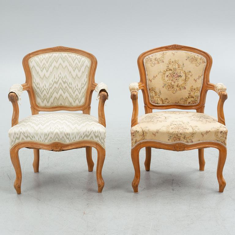 Armchairs, a pair, Rococo style, Taserud, Arvika, Sweden, mid 20th Century.