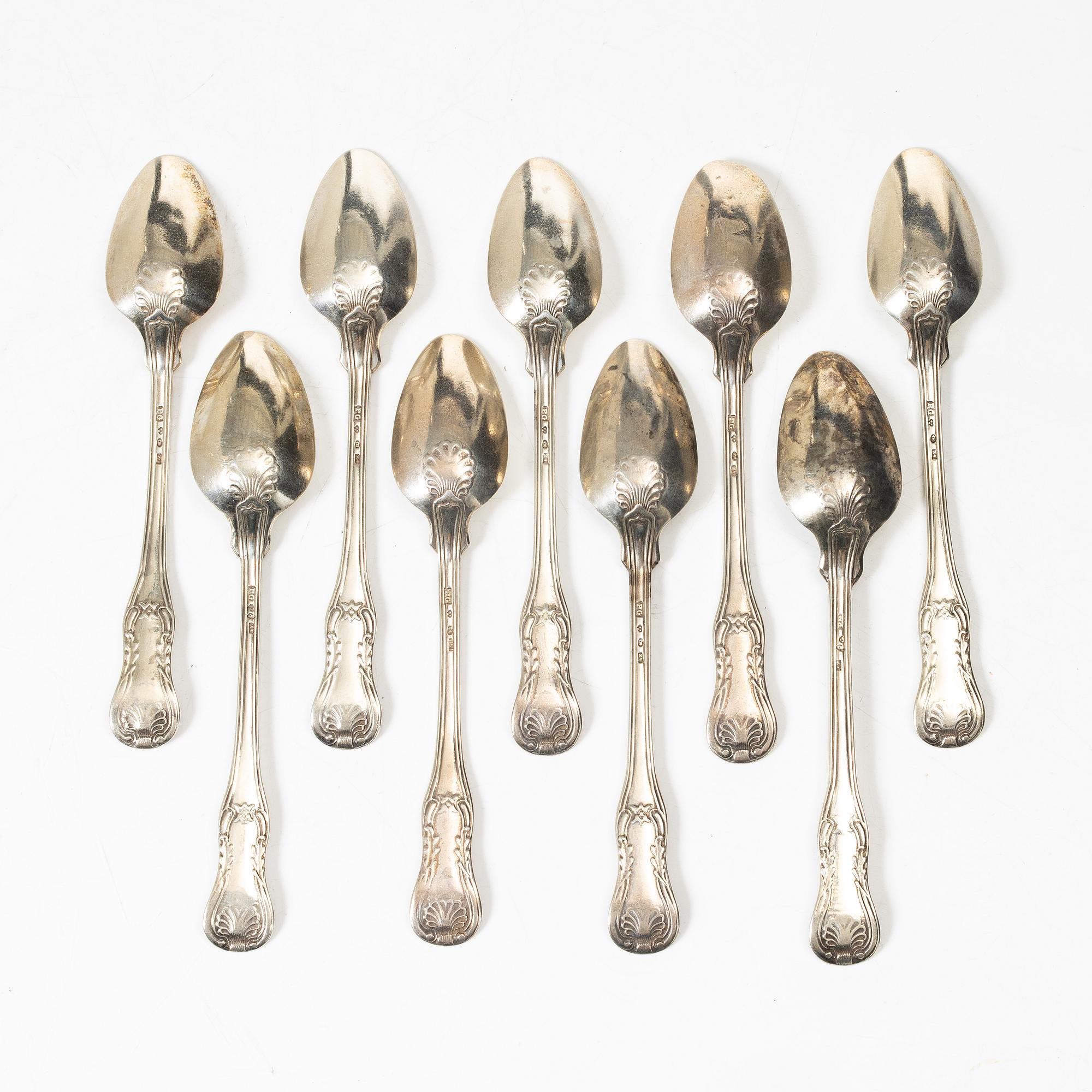 Petter Gökblad, a set of nine 'Engelsk snäck' silver tea spoons, Sweden, 1854.