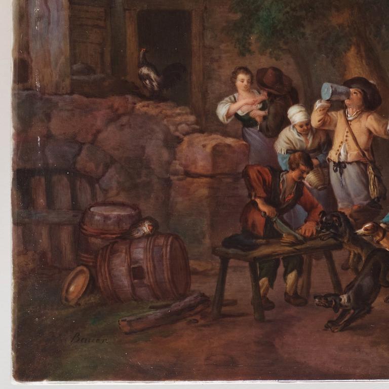 Porslinsplakett, bär signatur, motiv efter Philips Wouverman.