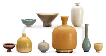 833. A set of nine Berndt Friberg stoneware miniature bowls and miniature vases, Gustavsberg Studio 1960'.