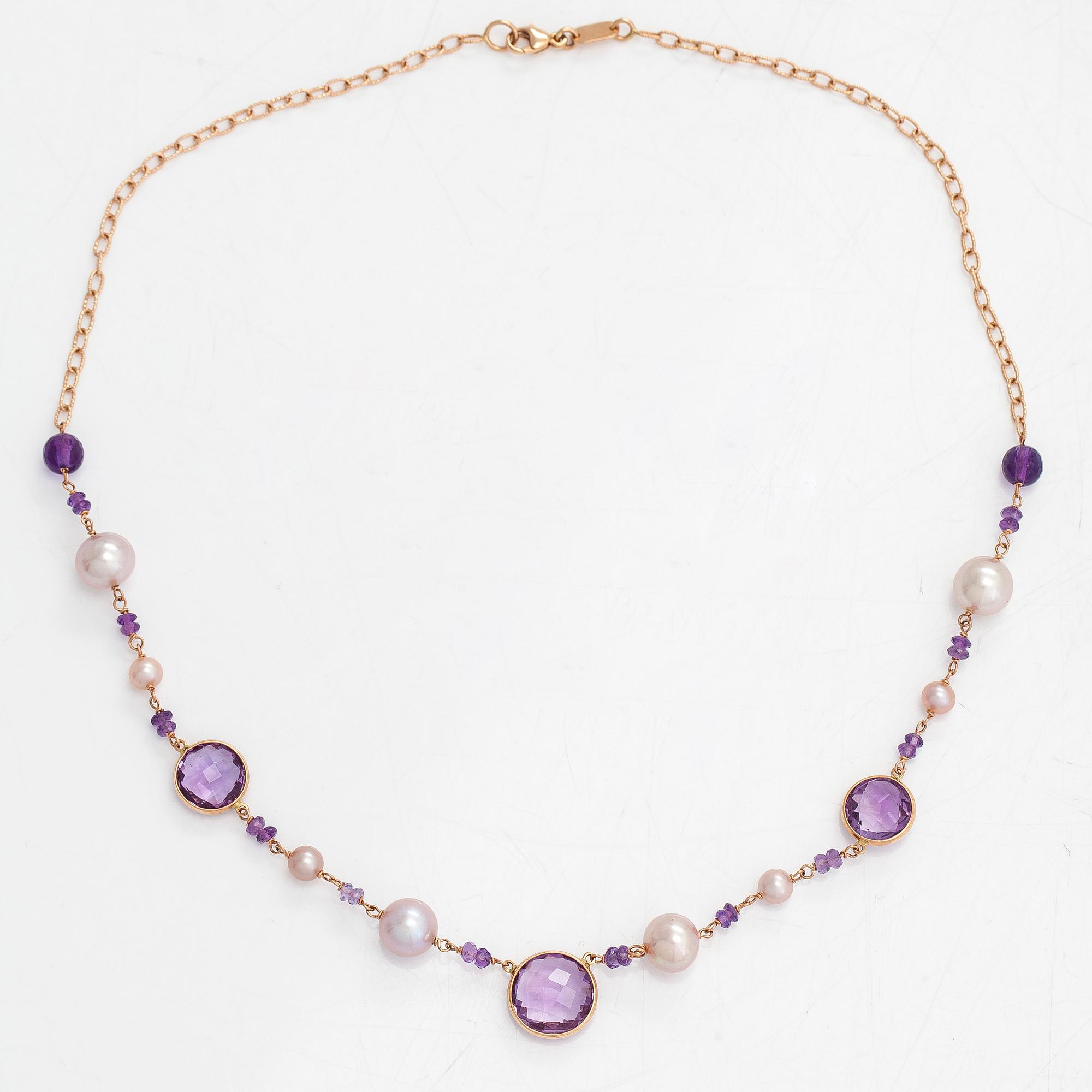 An 18K rose gold necklace, with amethysts and cultured pearls. Italy.