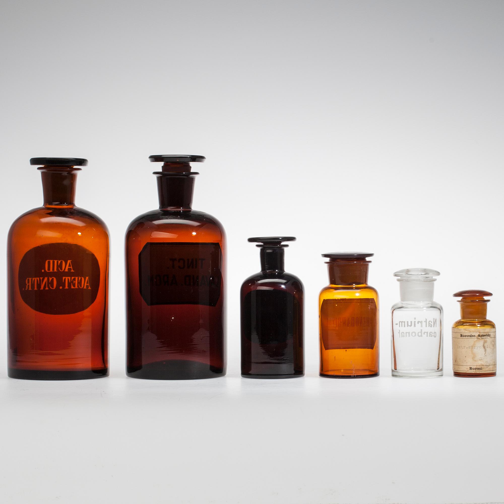 APOTEKSFLASKOR, 6 st, glas, 1900-talets början.