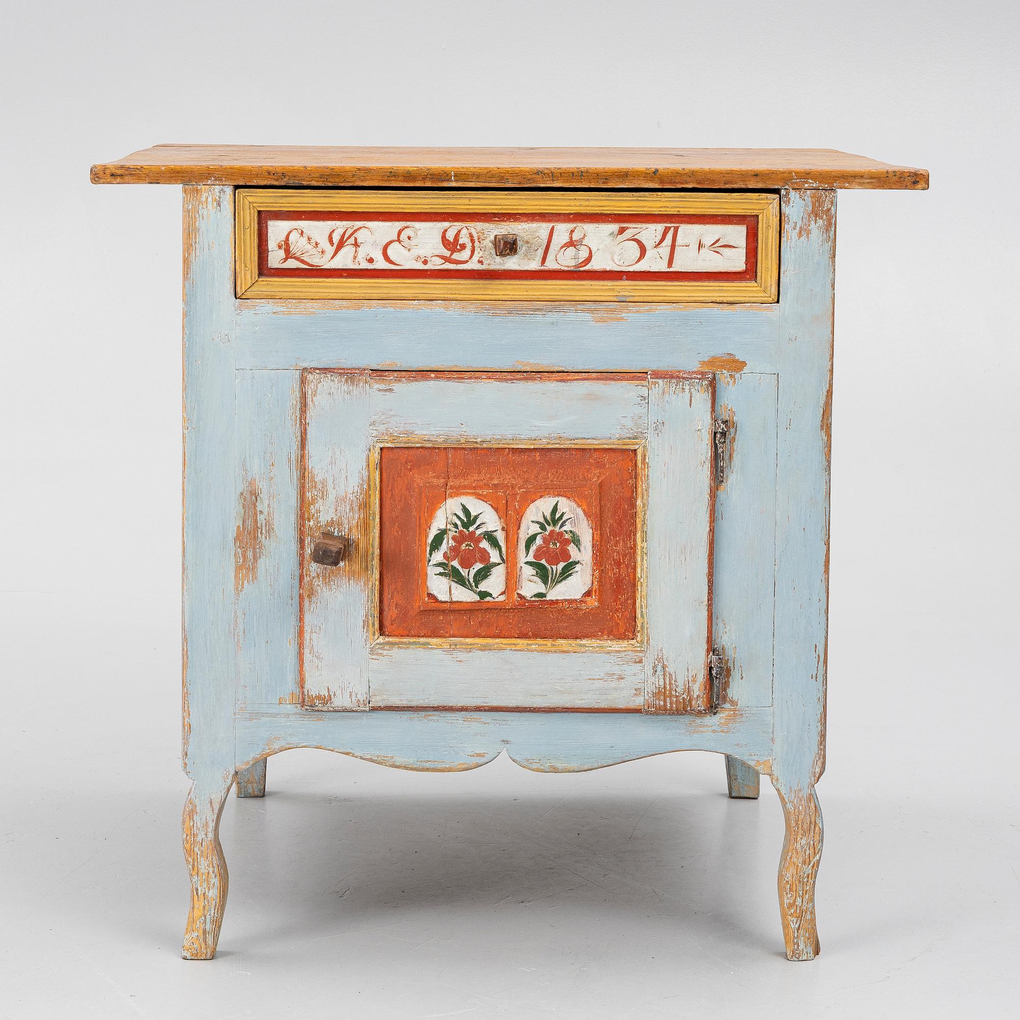 A Swedish folk art polychrome-painted table from Järvsö, Hälsingland, dated 1834.