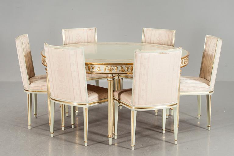 BORD samt STOLAR, 6 st. Carl Malmsten, ritad till Liljevalchs utställning 1928, tillverkad av NK.