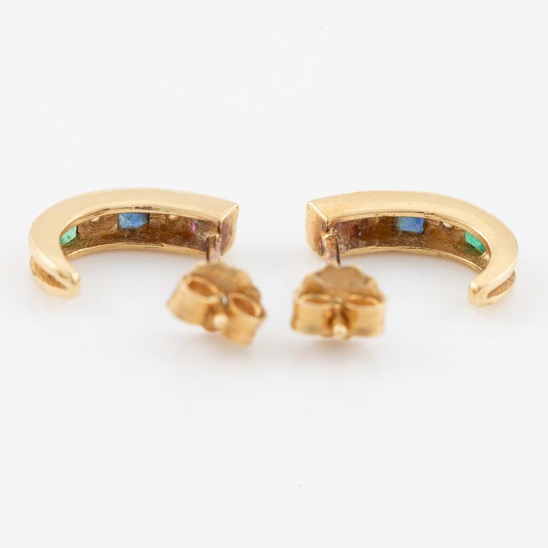 Ring, and a pair of earrings, 18K gold set with small rubies, emeralds, sapphires, and diamonds.