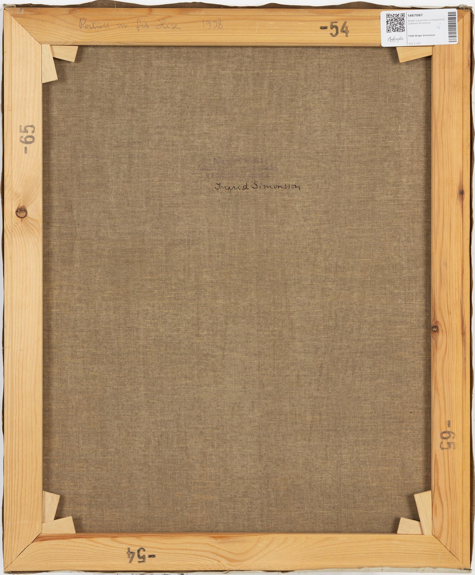 Birger Simonsson, olja på duk, signerad Simonsson och daterat 1938 a tergo.