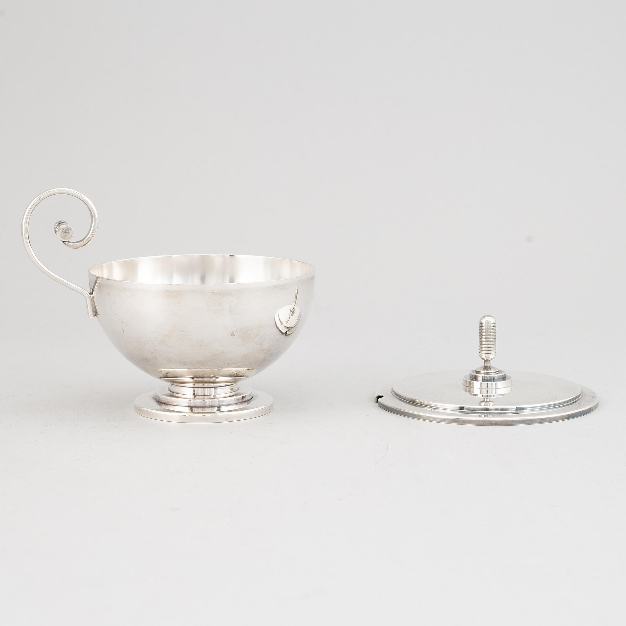 A Swedish silver plated sugar bowl with lid, CG Hallberg, probably designed by Sylvia Stave.