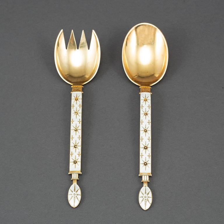 A pair of gilt and enamel silver cutlery, J Tostrup Oslo 1930s.
