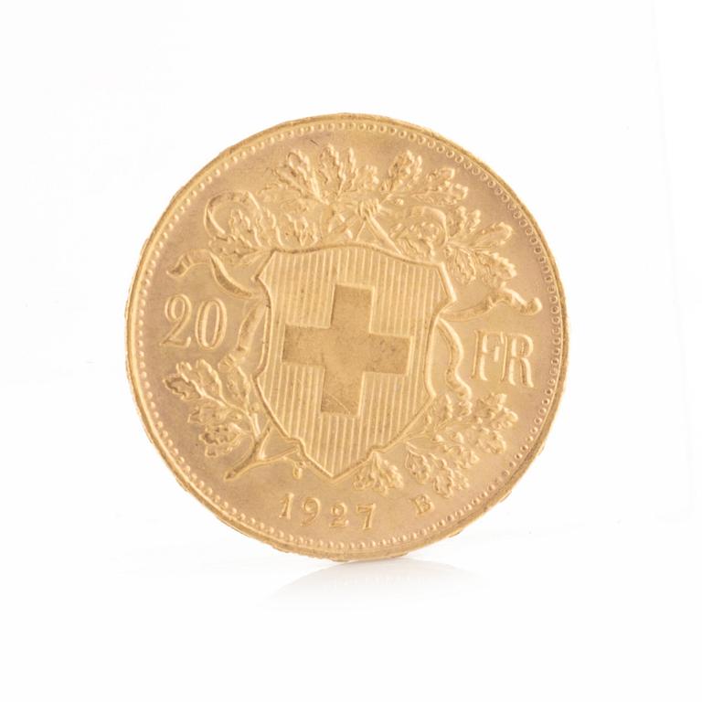 Gold coin, Switzerland, 20 Francs, 1927.