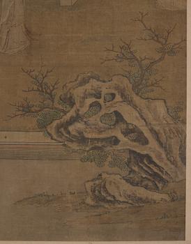 Gu Jianlong Hans art., Eleganta hovdamer vid bord med antikviteter i en palatsträdgård med klippformationer och bananplantor.