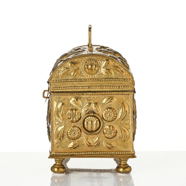 A Swedish baroque repousse brass box, dated 1707.