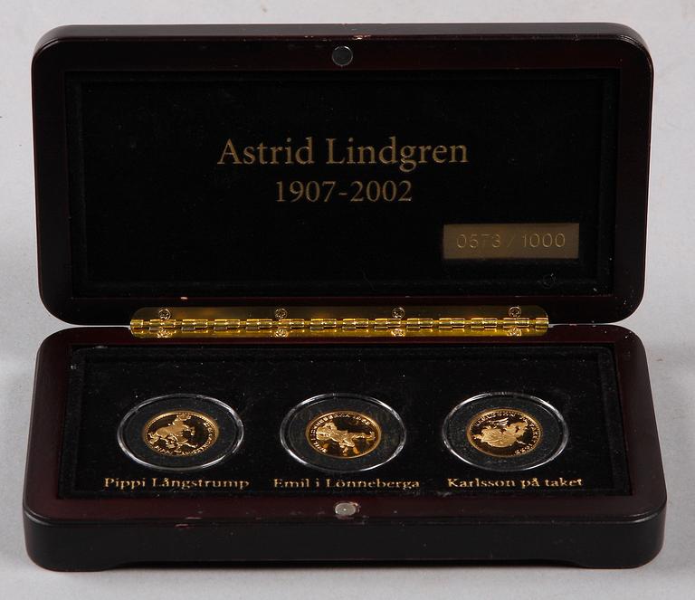 GULDMYNT, 3 st, Astrid Lindgren. Nr 573/1000. Tot vikt 25,8 gram.