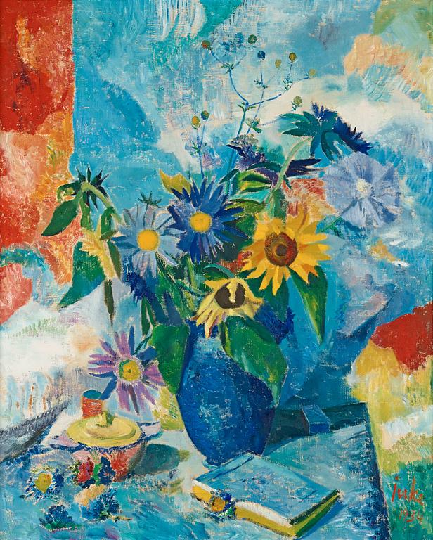 Erik Jerken, Still life with flowers in blue vase.