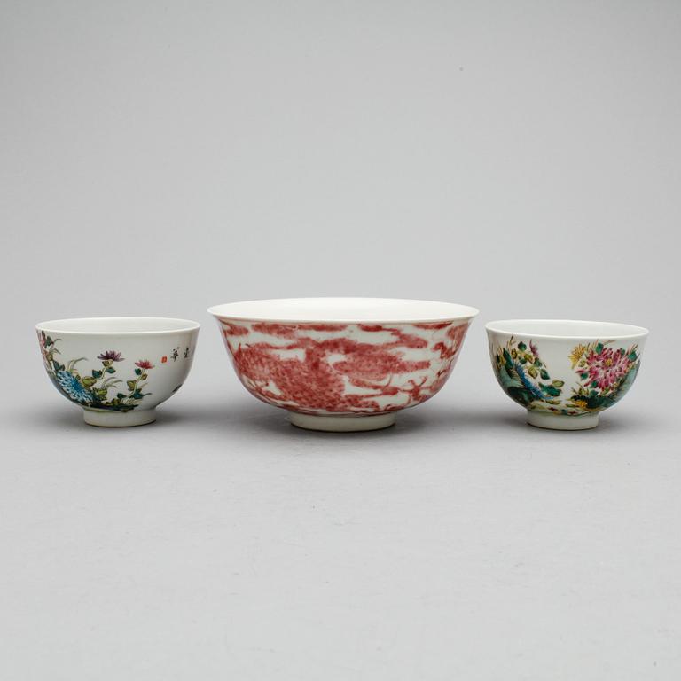 PARTI SKÅLAR, 3st, Kina, sent 1800-tal resp. modern tillverkning.