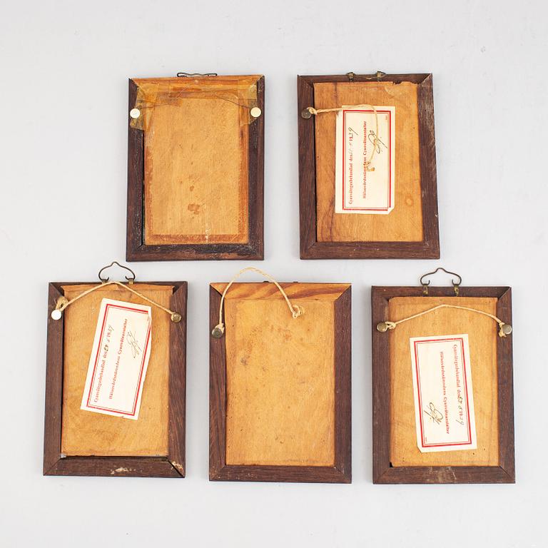 Five Chinese reverse glass paintings, 20th century.