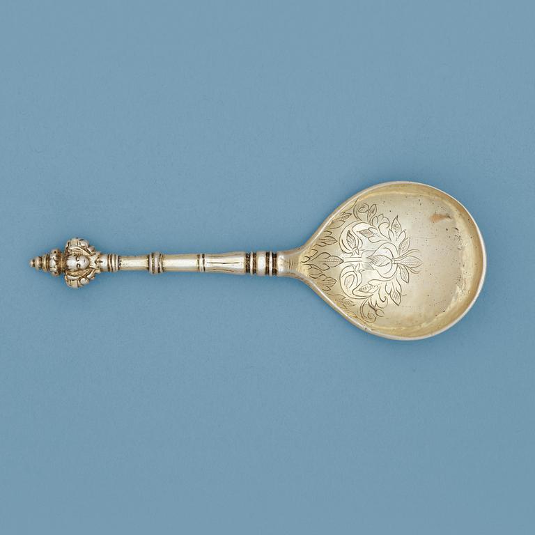 A Scandinavian 17th century silver-gilt spoon, unidentified makers mark.