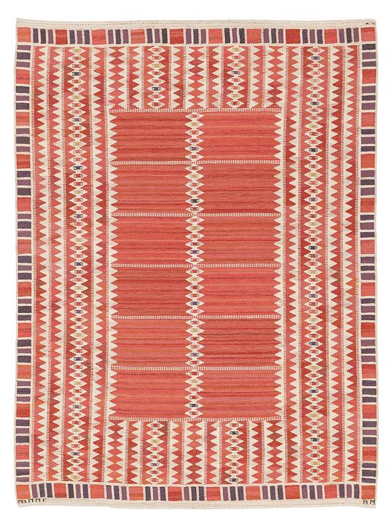 Barbro Nilsson, a carpet, 'Salerno röd', flat weave, c. 261 x 193 cm, signed AB MMF BN.