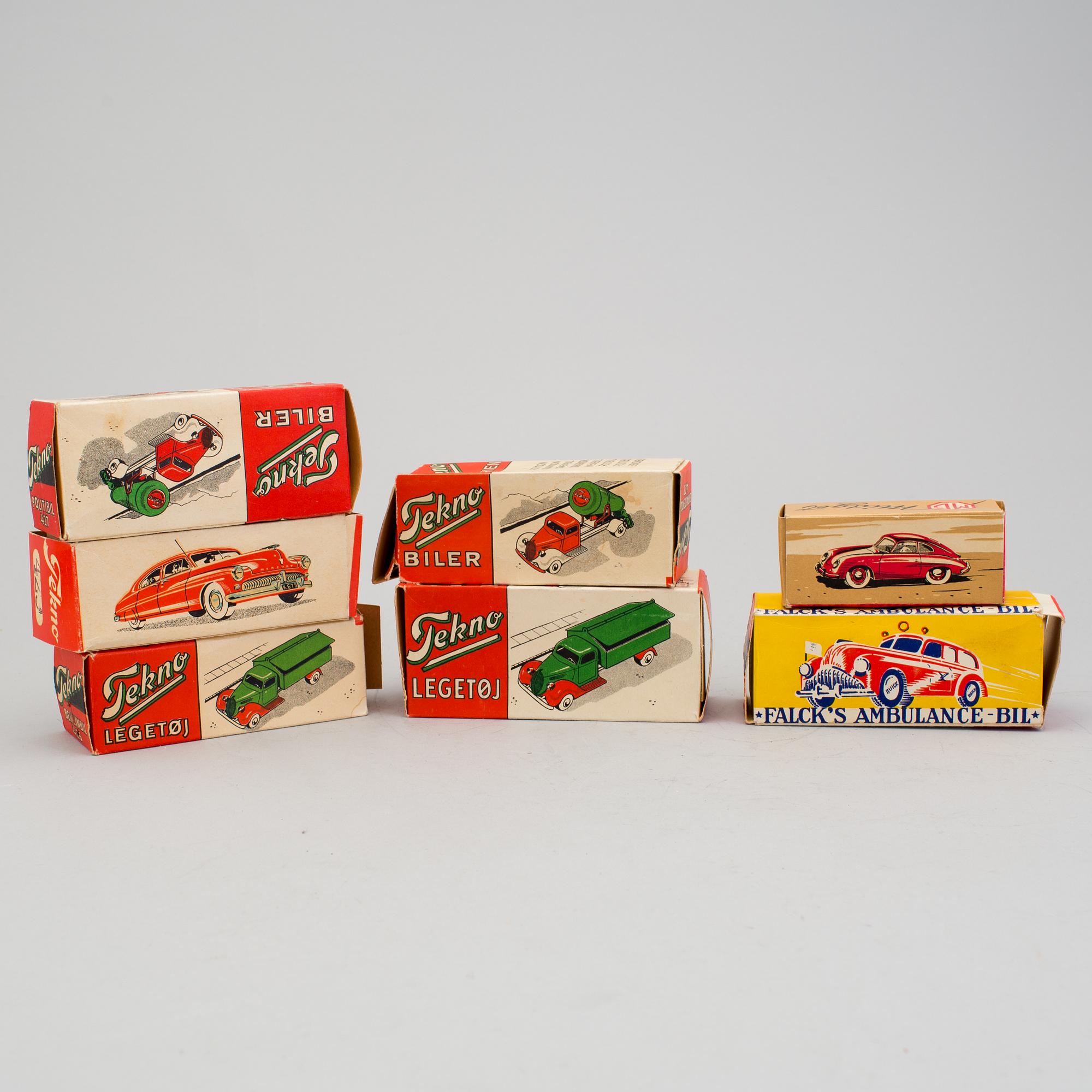 A lot of seven Tekno cars, Denmark, 1940/50s.