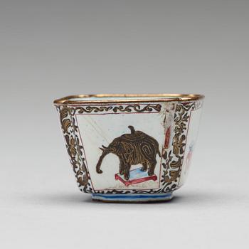 An enamel on copper winecup and stand, Qing dynasty, 18th Century.