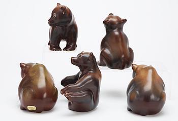 Five Gunnar Nylund stoneware figures of bears, Rörstrand.