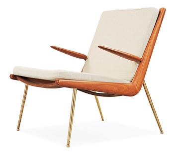 86. A Peter Hvidt & Orla Mølgaard-Nielsen 'Boomerang, FD-134' teak and brass easy chair, France & Daverkosen, 1950's.