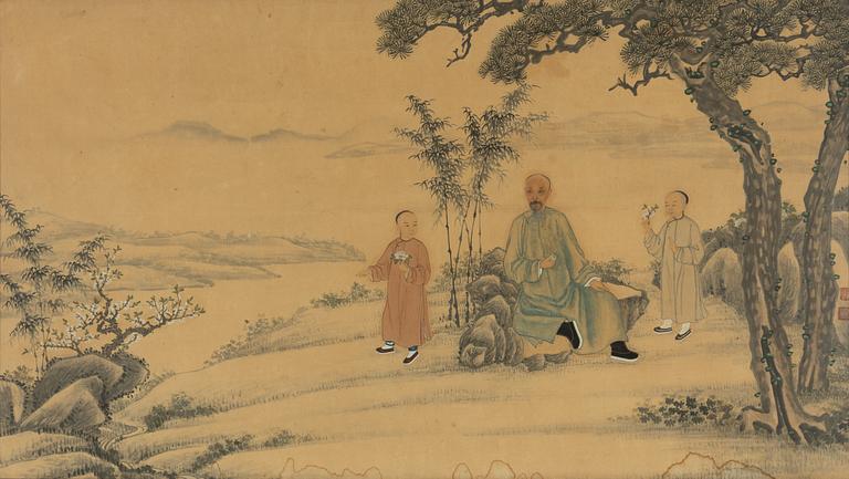 Unidentified artist, Scholar with two boys in a garden, China, early 20th century.