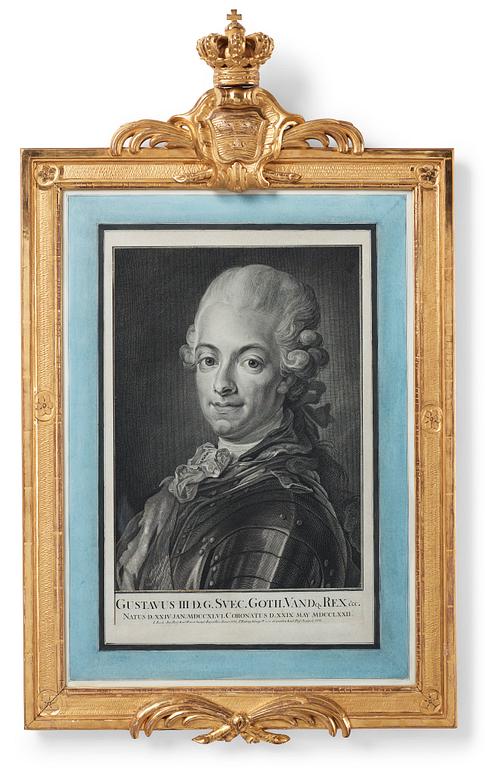 Per Gustaf Floding, "Gustav III” (1746-1792). Med träskuren och förgylld gustaviansk ram, krönt med riksvapnet.