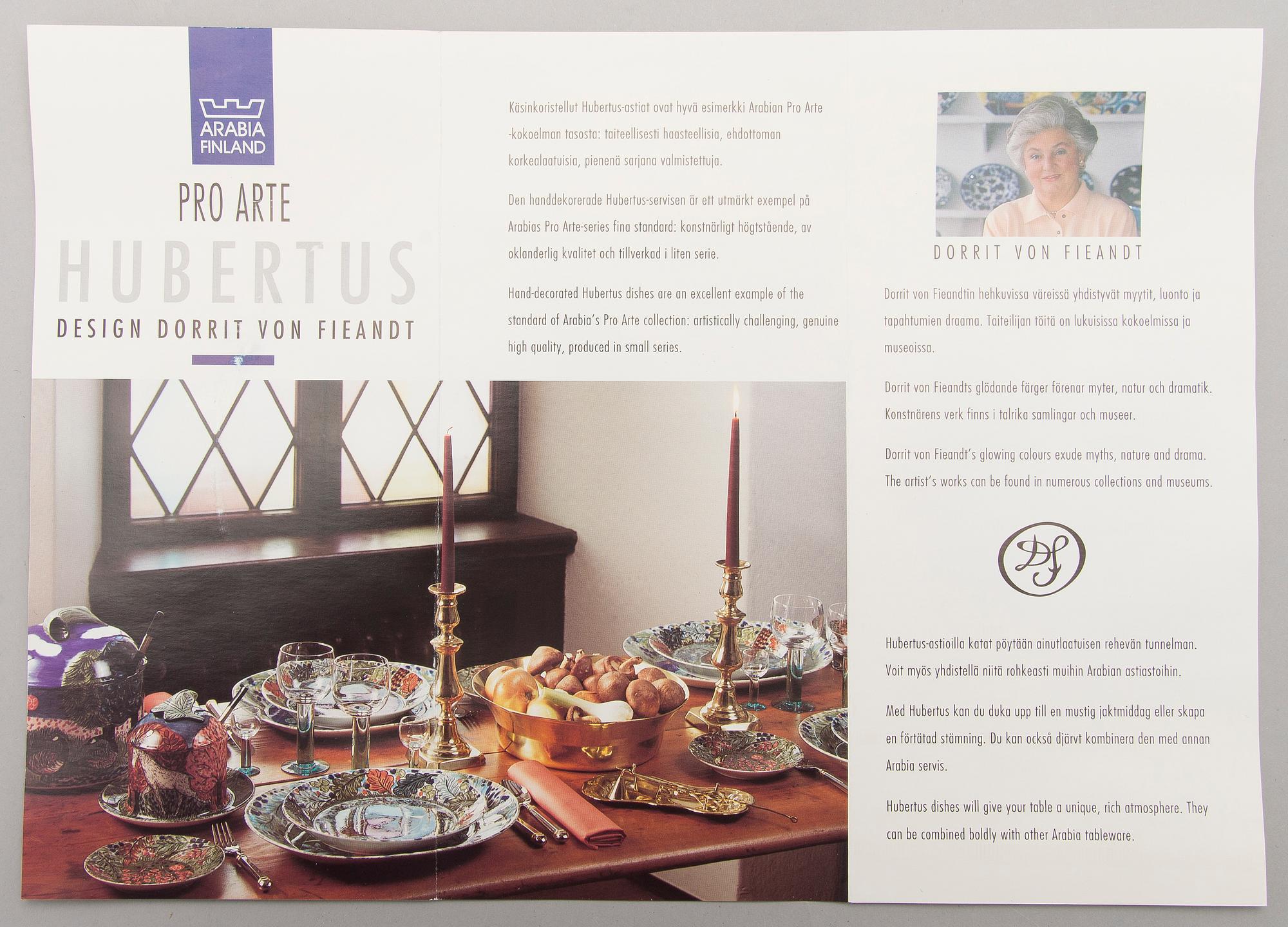 DORRIT VON FIEANDT, TALLRIKAR, 4 + 2 st, keramik, Hubertus-serien, Pro Arte, Arabia Finland 1990-tal.